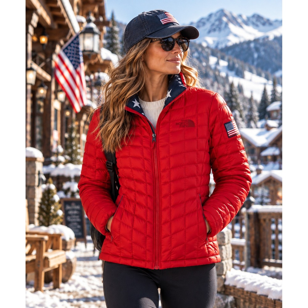 The North Face International Thermoball Jacket Womens M Red USA Flag Stars